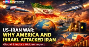Illustration showing US and Israel attacking Iran with missiles and global economic impact including oil prices and India