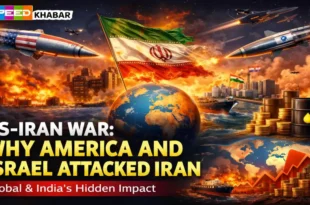 Illustration showing US and Israel attacking Iran with missiles and global economic impact including oil prices and India
