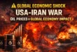 USA Iran war impact on global economy and oil prices showing rising oil barrels, world map and Strait of Hormuz energy crisis