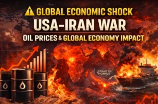 USA Iran war impact on global economy and oil prices showing rising oil barrels, world map and Strait of Hormuz energy crisis