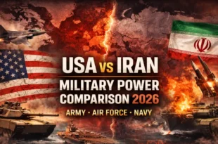USA vs Iran military power comparison 2026 showing tanks, fighter jets, missiles and naval ships of both countries