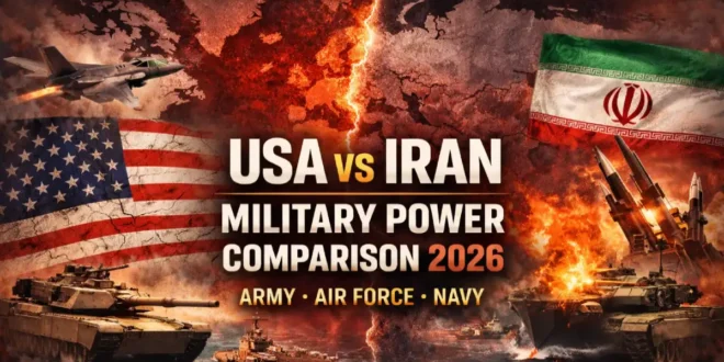 USA vs Iran military power comparison 2026 showing tanks, fighter jets, missiles and naval ships of both countries